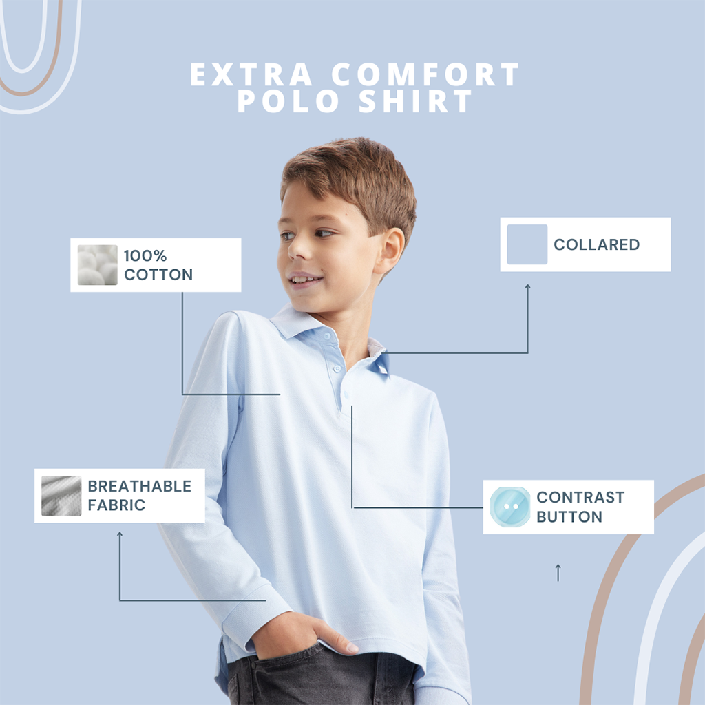 Boys School Polo Shirt Childrens Plain Long Sleeve 7-12 Years Blue