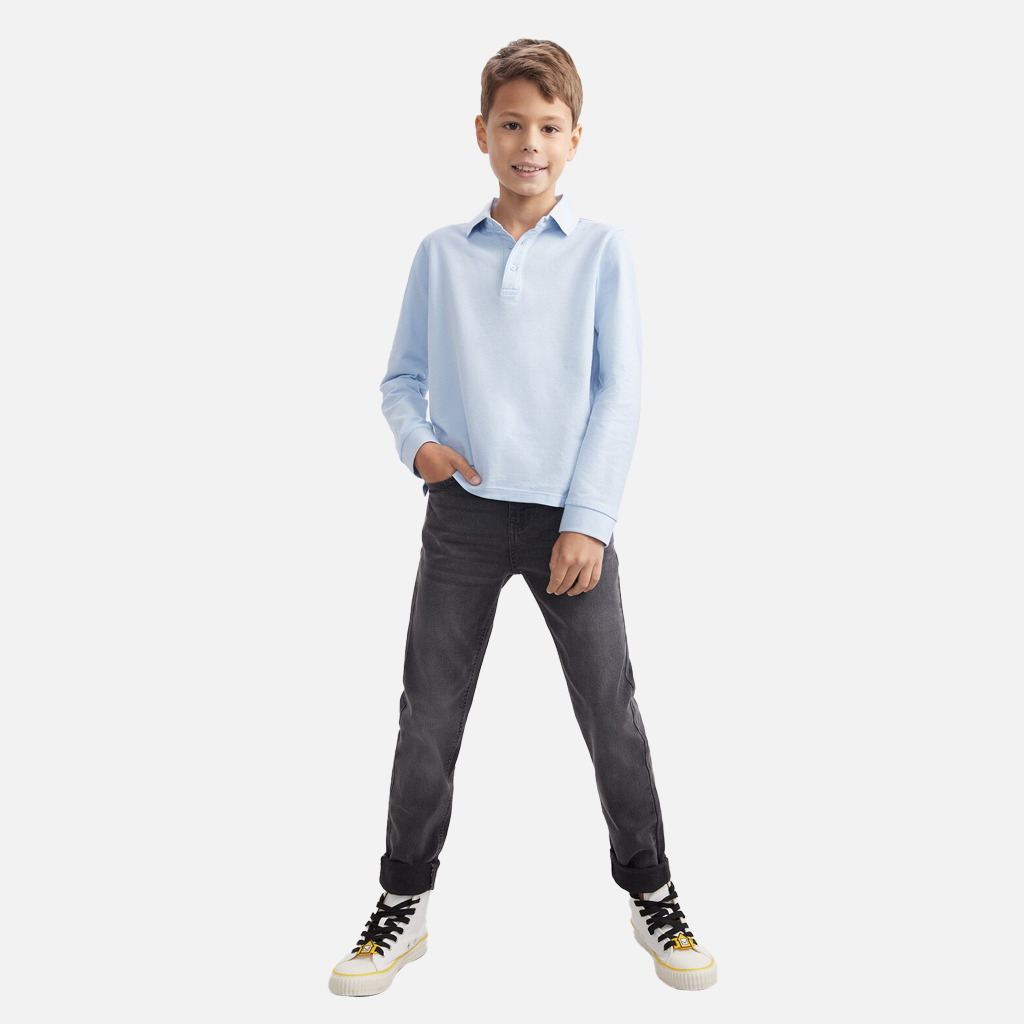 Boys School Polo Shirt Childrens Plain Long Sleeve 7-12 Years Blue