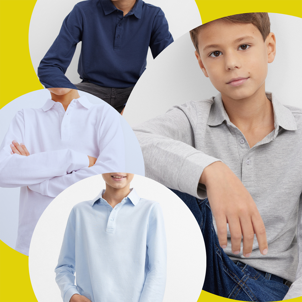 Boys School Polo Shirt Childrens Plain Long Sleeve 7-12 Years Gray