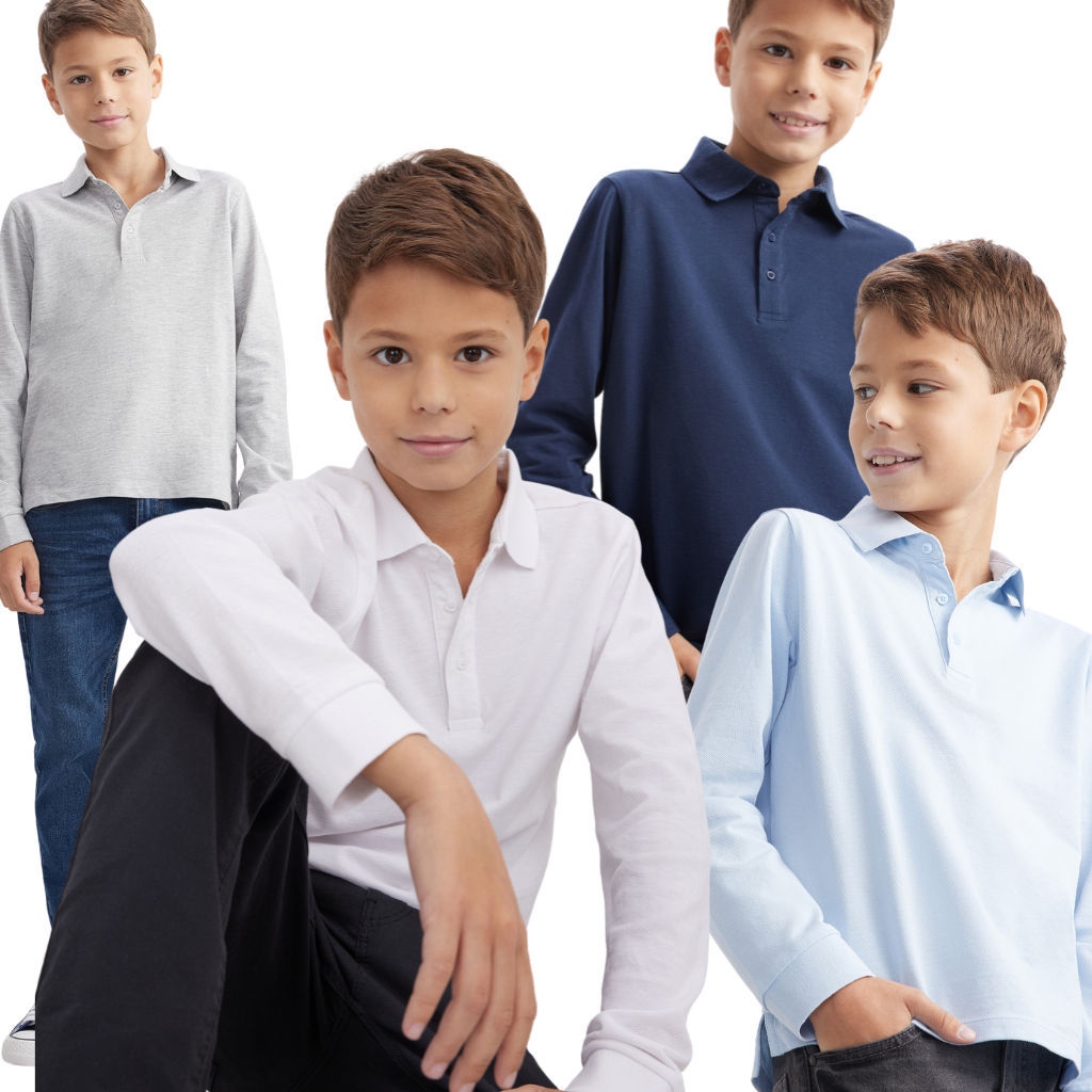 Boys School Polo Shirt Childrens Plain Long Sleeve 7-12 Years Navy